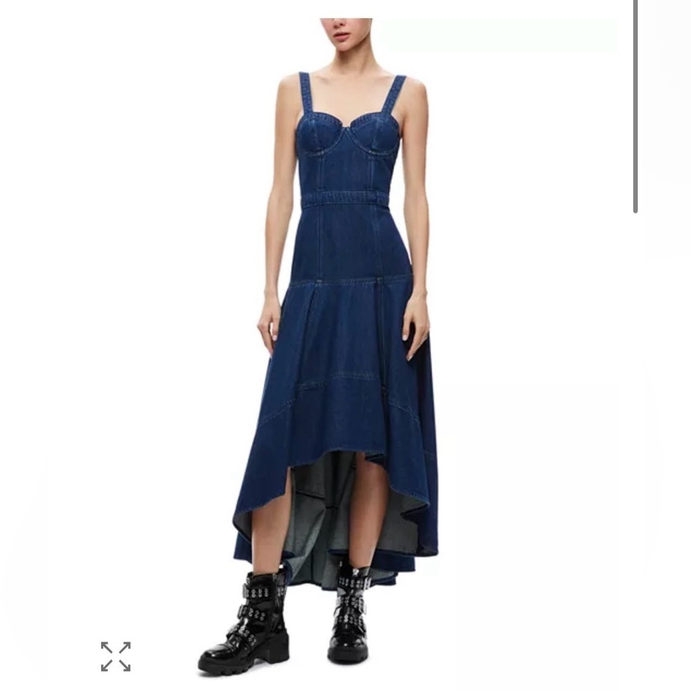 Alice + Olivia Donella Denim Bustier Midi Dress Hi Low Corset Fit Flare 6 Y2K